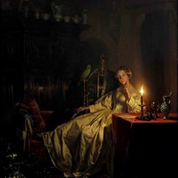 An interior with an elegant lady in a white satin gown and a parrot